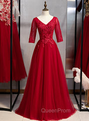 A-Line Burgundy Tulle Lace Appliques Short Sleeve Evening Prom Dresses