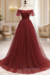 A-Line Burgundy Tulle Long Evening Prom Dresses, Burgundy Long Evening Dresses