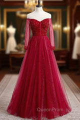A-Line Burgundy Tulle Long Sleeve Backless Evening Prom Dresses With Beading