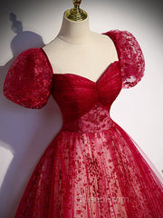 A Line Burgundy Tulle Sequin Long Evening Prom Dresses, Burgundy Evening Dresses