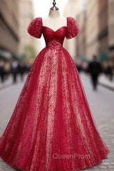 A Line Burgundy Tulle Sequin Long Evening Prom Dresses, Burgundy Evening Dresses