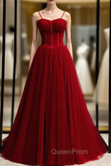 A-Line Burgundy Tulle Spaghetti Straps Pleats Evening Prom Dresses