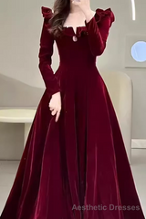 A line Burgundy Velvet Long Prom Dress Party Dresses