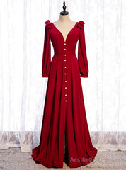 A-Line Burgundy Velvet Long Sleeve Prom Dress With Split