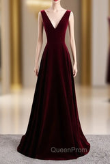 A-Line Burgundy Velvet V-neck Backless Evening Prom Dresses