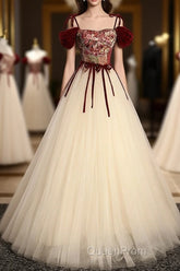 A line champagne long Evening Prom Dresses, champagne tulle formal evening Dresses