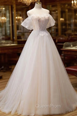 A Line Champagne Long Evening Prom Dresses, Lace Champagne Long Evening Dresses