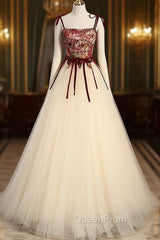 A line Champagne Long Evening Prom Dresses, Champagne Evening Gown With Beading Velvet