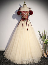 A line Champagne Long Evening Prom Dresses, Champagne Evening Gown With Beading Velvet
