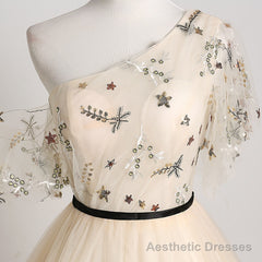 A-line Champagne One Shoulder Prom Dress, Long Party Dress