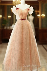 A-Line Champagne Tulle Long Evening Prom Dresses, Champagne Long Formal Dresses