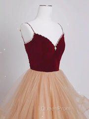 A-Line Champagne Tulle Long Evening Prom Dresses, Velvet Graduation Dresses with Beading