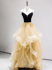 A-Line Champagne Tulle Long Evening Prom Dresses, Velvet Graduation Dresses with Beading