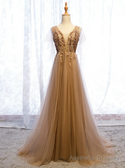 A-Line Champagne Tulle V-neck Backless Appliques Prom Dress