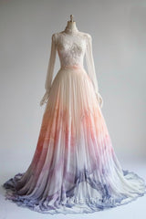 A-Line Chiffon Applique Long Sleeve Wedding Dresses Round Neck Sequin Tulle Long Evening Prom Dresses