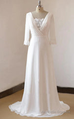 A-Line Chiffon Lace White Satin Weddig Dress