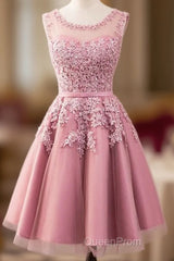 A-Line Crew Knee-Length Tulle Homecoming Dresses With Appliques