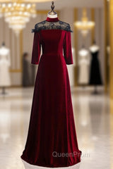 A-Line Dark Burgundy Velvet High Neck Short Sleeve Evening Prom Dresses