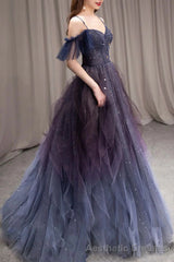 A-line Dark Purple Tulle Long Prom Dress, Purple Formal Party Dresses