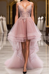 A-line Deep V Neck Beaded Appliques Multi-Layers Hi-Low Formal Dresses