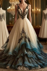 A-Line Deep V Neck Tulle Long Evening Prom Dresses Embroidered Applique Evening Dresses