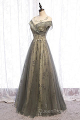 A-Line Evening Gown Elegant Dresses Wedding Guest Engagement Floor Length Short Sleeve Illusion Neck Tulle With Pleats