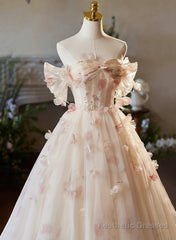 A-line Floral Champagne Tulle Long Prom Dress, Elegant A-Line Formal Evening Dress