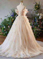A-line Floral Champagne Tulle Long Prom Dress, Elegant A-Line Formal Evening Dress