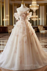 A-line Floral Champagne Tulle Long Evening Prom Dresses, Elegant A-Line Evening Dresses