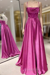 A-Line Fuchsia Evening Prom Dresses Ruched Long Evening Dresses Spaghetti Straps