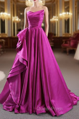 A-line Fuchsia Satin Strapless Pleats Evening Prom Dresses