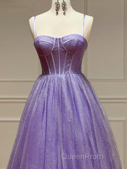 A Line Glitter Tulle Evening Prom Dresses with Pockets