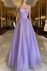 A Line Glitter Tulle Evening Prom Dresses with Pockets