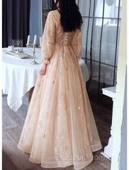 A-Line Glittering Elegant Engagement Formal Evening Dresses High Neck Long Sleeve Floor Length Tulle With Sequin