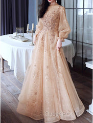 A-Line Glittering Elegant Engagement Formal Evening Dresses High Neck Long Sleeve Floor Length Tulle With Sequin