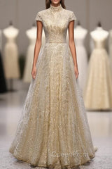 A-Line Gold Sequins High Neck Cap Sleeve Evening Prom Dresses