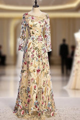 A-Line Gold Tulle Embroidery Long Sleeve Evening Prom Dresses