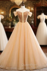 A-Line Gold Tulle Off the Shoulder Beading Evening Prom Dresses