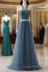 A-Line Gray Blue Tulle Long Bridesmaid Dresses Floor-Length Beading Evening Prom Dresses Elegant