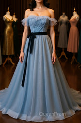 A-Line Gray Blue Tulle Long Evening Prom Dresses, Gray Blue Long Formal Dresses