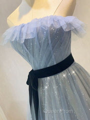A-Line Gray Blue Tulle Long Evening Prom Dresses, Gray Blue Long Formal Dresses