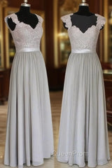 A-Line Gray Long Evening Prom Dresses, Gray Lace Bridesmaid Dresses