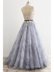 A-Line Gray Rround Neck Tulle Long Evening Prom Dresses Grey Evening Dresses,