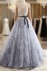 A-Line Gray Rround Neck Tulle Long Evening Prom Dresses Grey Evening Dresses,