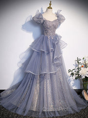 A-Line Gray Sequin Long Evening Prom Dresses, Sequin Tulle Formal Evening Dresses