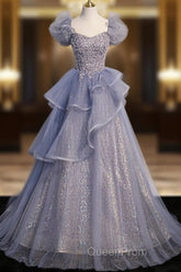 A-Line Gray Sequin Long Evening Prom Dresses, Sequin Tulle Formal Evening Dresses