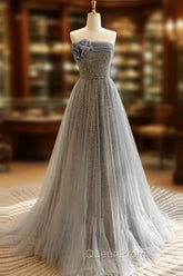 A-Line Gray Tulle Sequin Long Evening Prom Dresses, Gray Long Evening Dresses