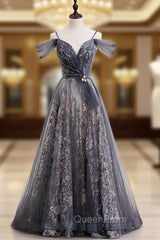 A-Line Gray Tulle Sequins Spaghetti Straps Evening Prom Dresses