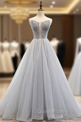 A-Line Gray Tulle Sweetheart Beading Evening Prom Dresses
