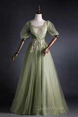 A Line Green Applique Evening Prom Dresses Sweet Tulle Birthday Party Dresses